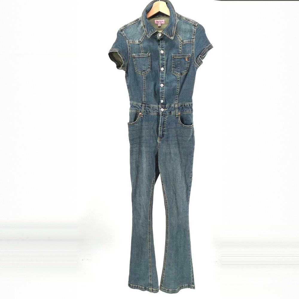 Vintage Y2K Juicy Couture Blue Denim Flared Leg Short Sleeve Jumpsuit